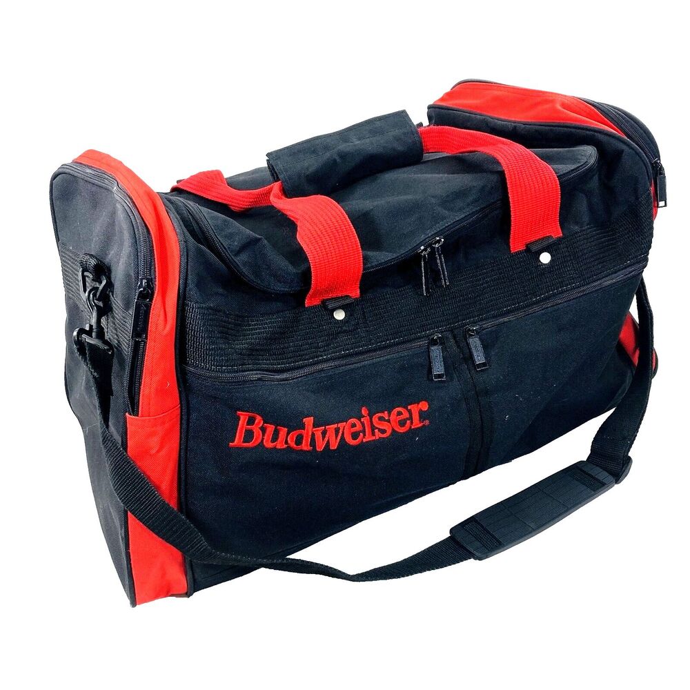 Budweiser Vtg Duffle Bag Large 24in Black Equipment Beach Gym Gear Travel Beer